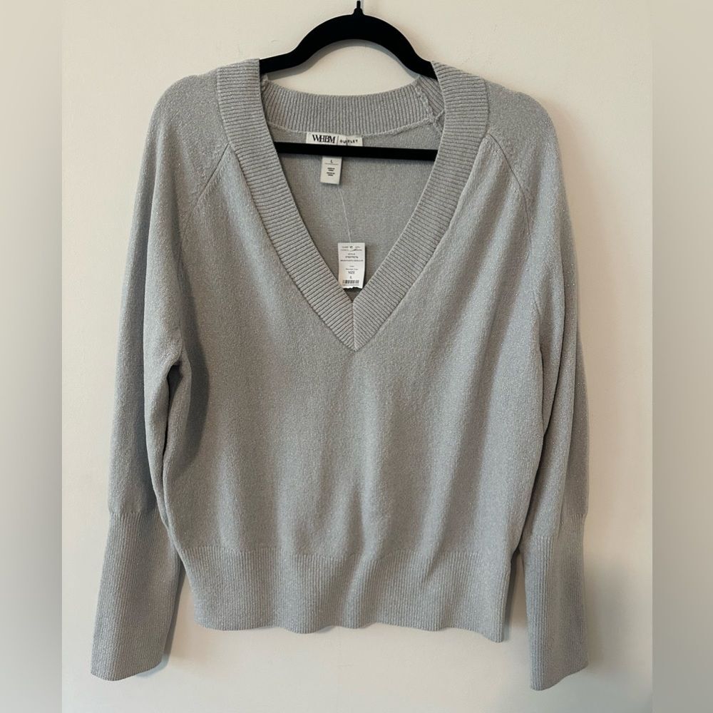 White House Black Market Dolman Sleeve Chenille Suéter SZ L V Neck Color Gray